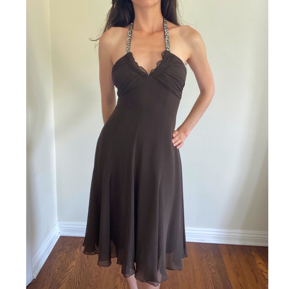 BCBG MAX AZRIA Chiffon Sequin Halter Dress, Brown